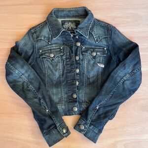 Parasuco women's denim jean jacket sz XS silver buttons dark stone wash pockets